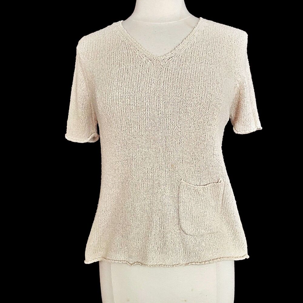 J Jill Linen and silk‎ Nubby Knit Sweater Sz S Ivory V Neck Short Sleeves Pocket